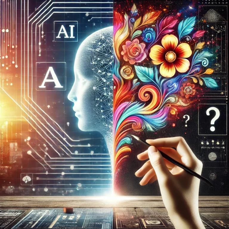 Visuelle Darstellung des Kontrasts zwischen KI-generierten und menschlich erstellten Inhalten in einem futuristischen kreativen Umfeld. Mensch vs. KI-Inhalte